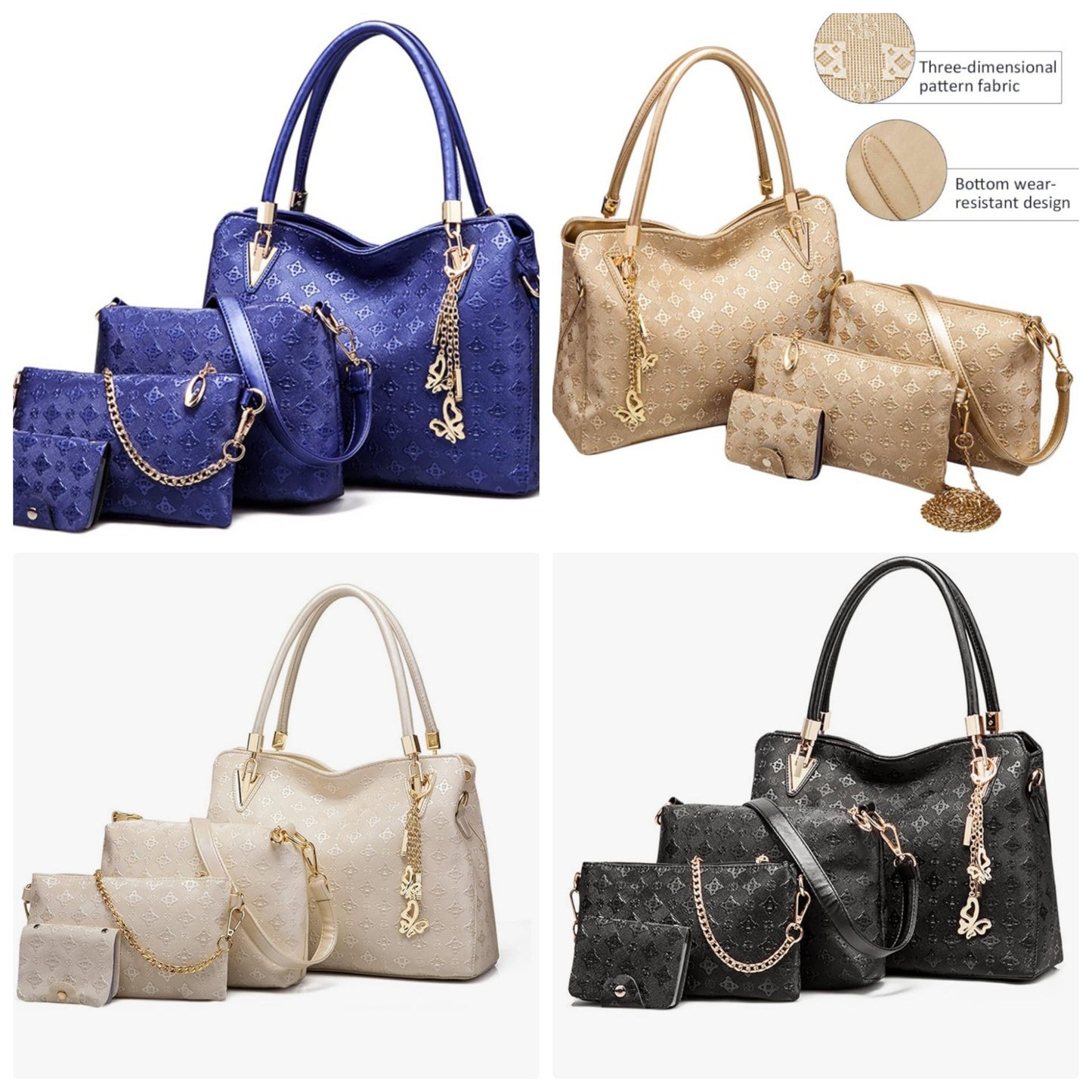 Fashion Handbags set 4pcs PU Leather shoulder Bags Tote Bags Wallets Butterfly Chain Accessories