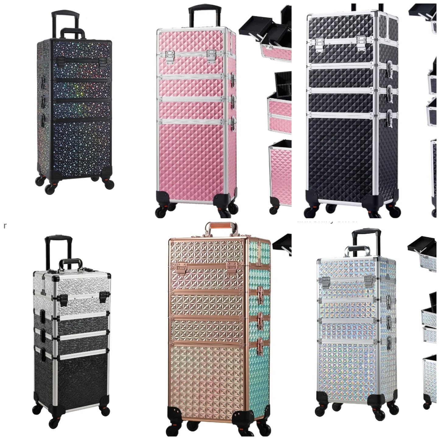 Rolling Makeup Train Case Large Storage Cosmetic Trolley 4 in 1 Large Capacity Trolley Makeup Travel Case with Key Swivel Wheels Salon Barber Case Traveling Cart Trunk