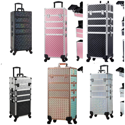 Rolling Makeup Train Case Large Storage Cosmetic Trolley 4 in 1 Large Capacity Trolley Makeup Travel Case with Key Swivel Wheels Salon Barber Case Traveling Cart Trunk