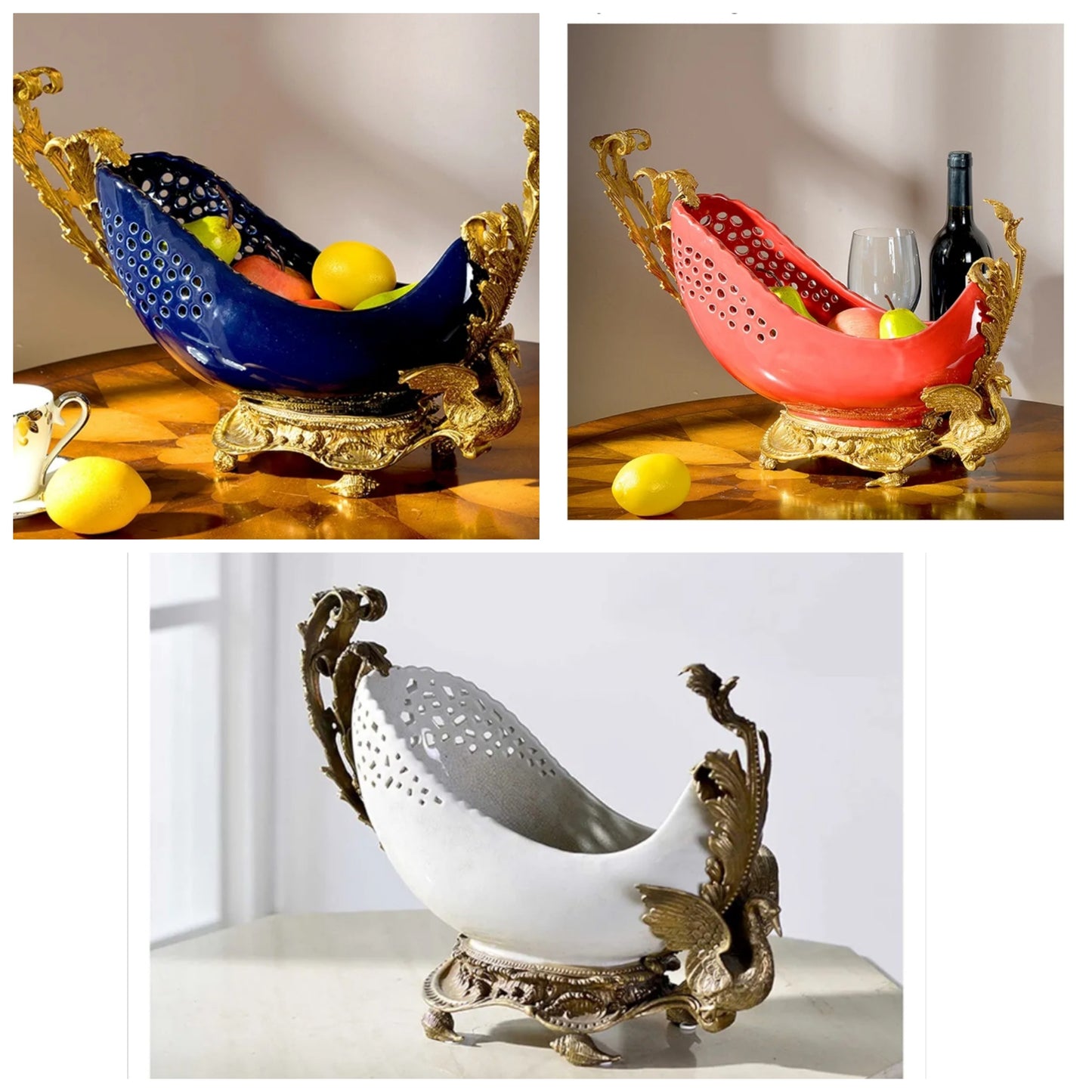 Classical Ceramic Inlaid Brass Decoration Fruit Plate, Dried Fruit Plates, Snacks Storage Tray for Home Living Room Decoration Ornament