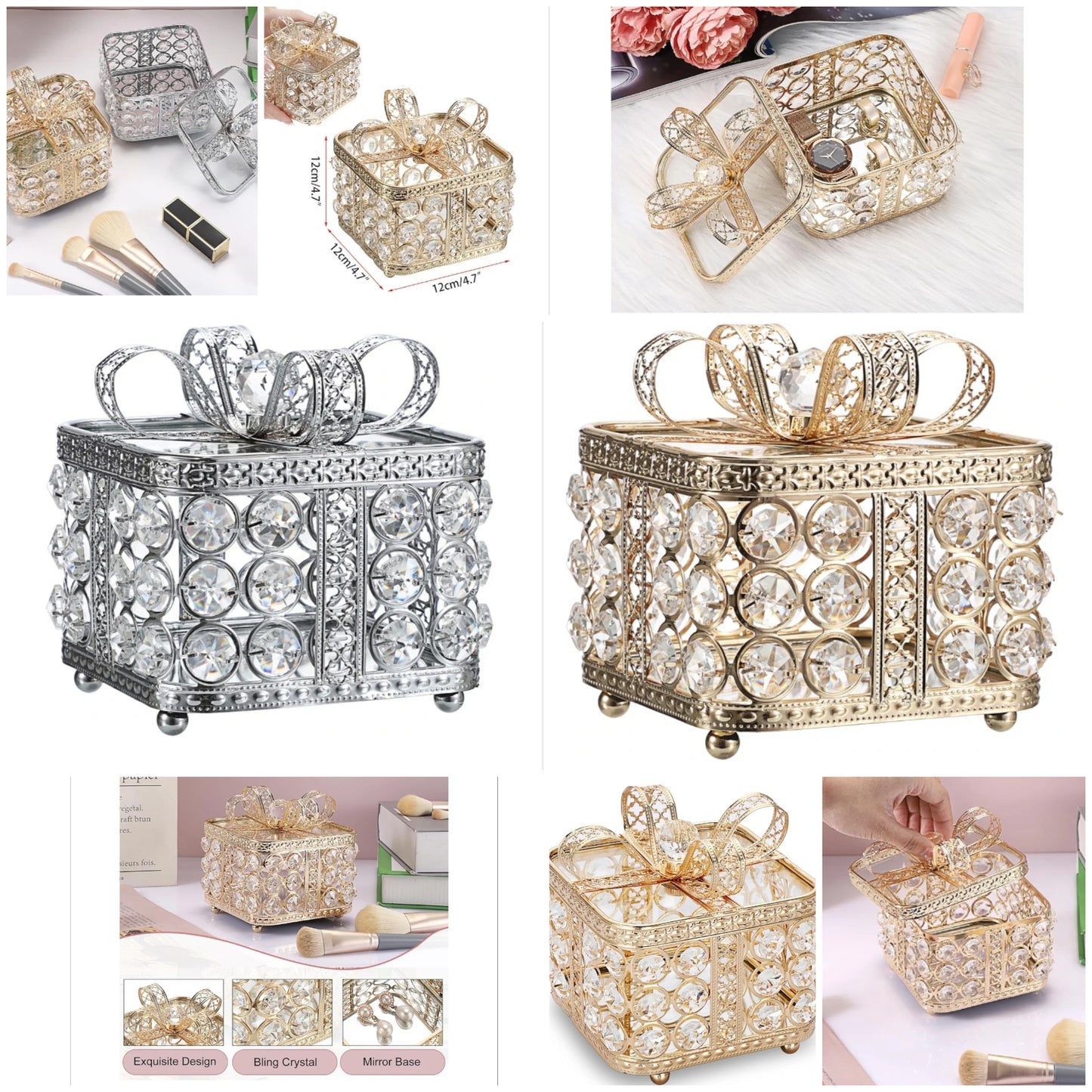 Crystal Jewelry Box Trinket Organizer with Glass Lid Mirrored Treasure Chest Box Decorative Jewelry Storage Box