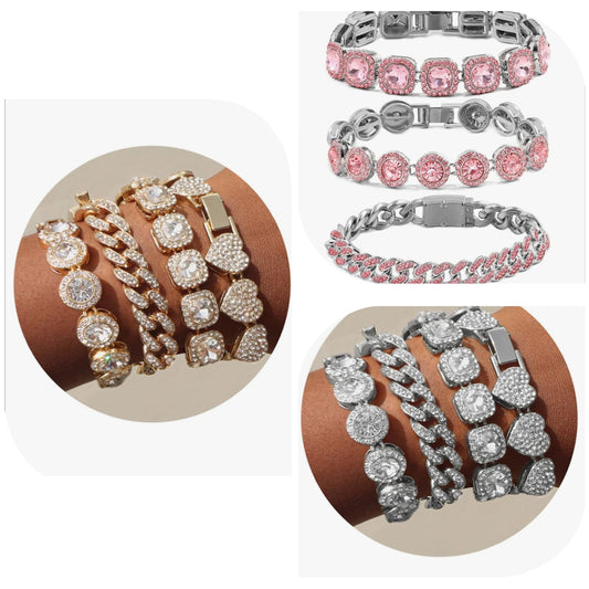 4PCS Gold Bracelets for Women Silver Clustered Tennis Bracelet for Women Heart Round Diamond Cuban Bracelet Layered Link Bracelet Set Fashion Jewelry for Women Set