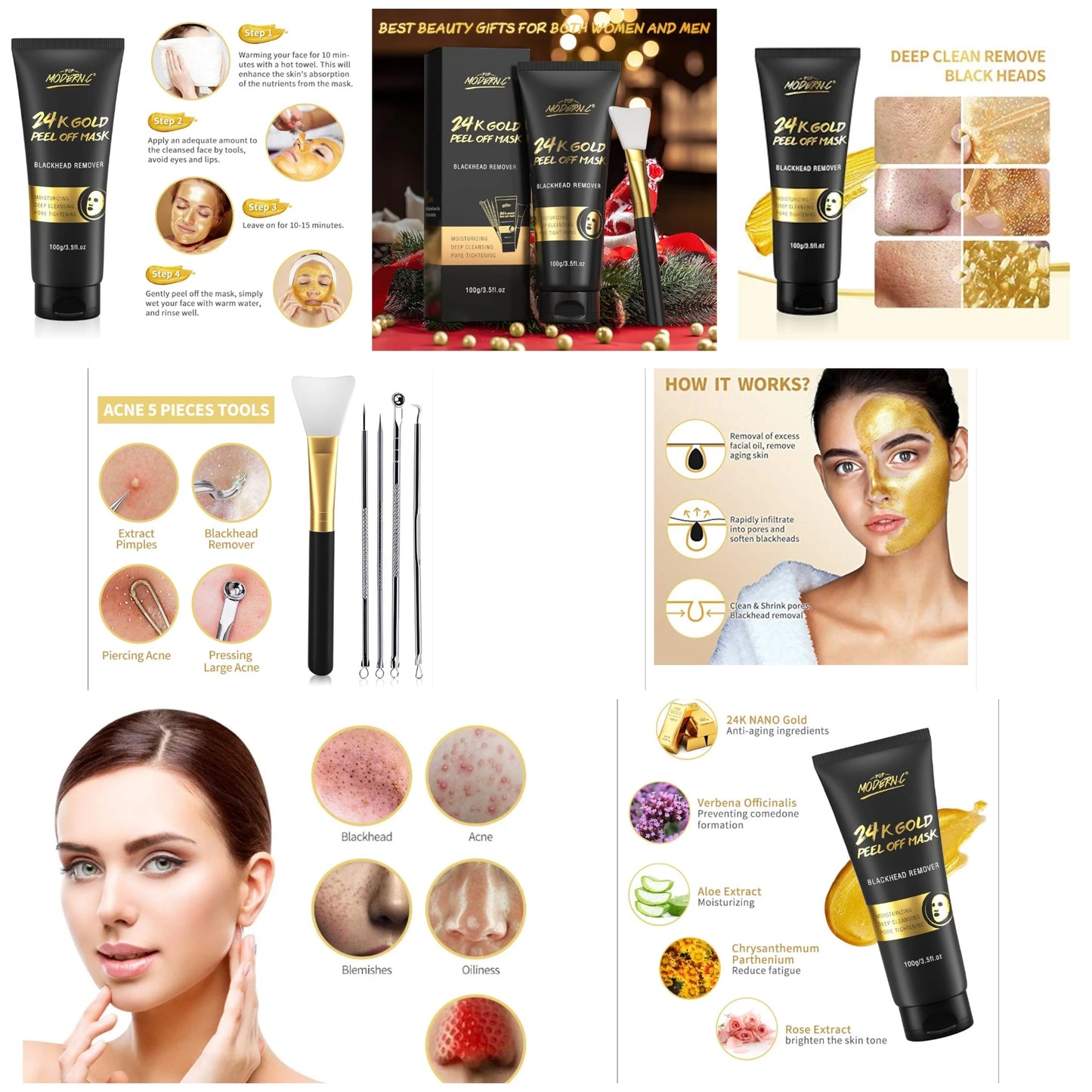 , 24K Gold Peel Off Mask, Gold Facial Mask Anti-Aging, Deep Cleansing, Reduces Fine Lines& Wrinkles Great for All Skin, With Blackhead Remover Extractor Tools Kit & Mask Brush
