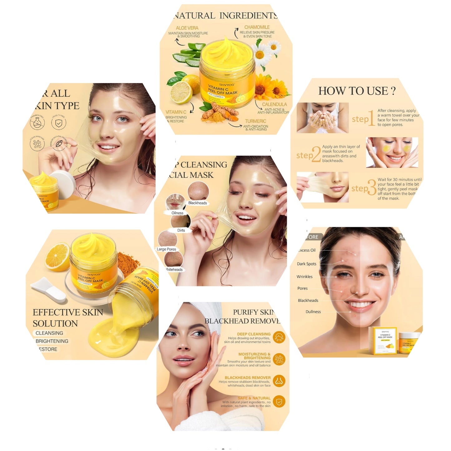 Vitamin C Peel Off Face Mask, Peel Off Mask with Turmeric, Blackhead Remover & Deep Cleansing Face Peel Mask, Vitamin C Exfoliating Face Mask for Blackheads, Large Pores, Dirts, Oil