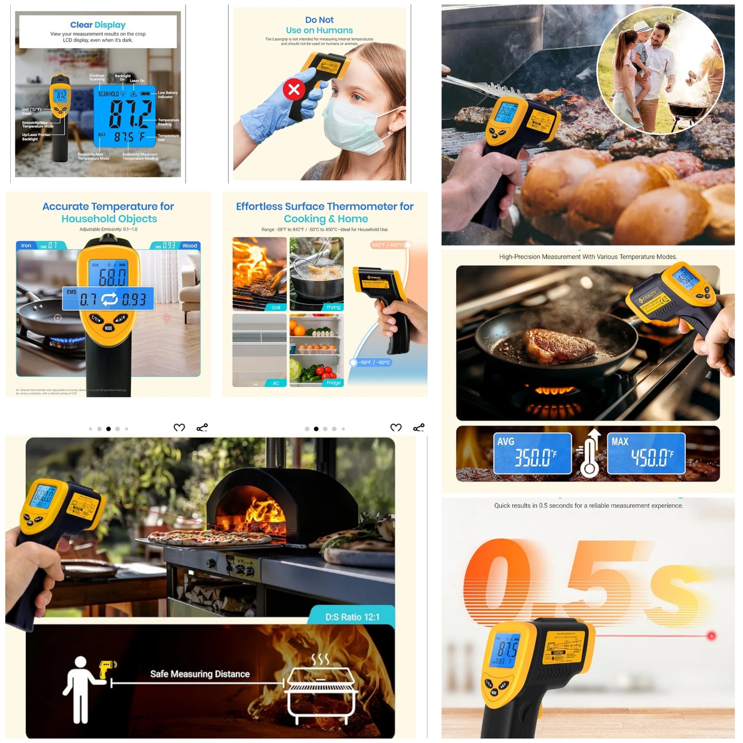 Infrared Thermometer Laser Temperature Gun 774, Meat Food Candy Oven Thermometer for Griddle Accessories, Heat Gun for Cooking Refrigerator Tools, Yellow, -58ยฐF to 842ยฐF