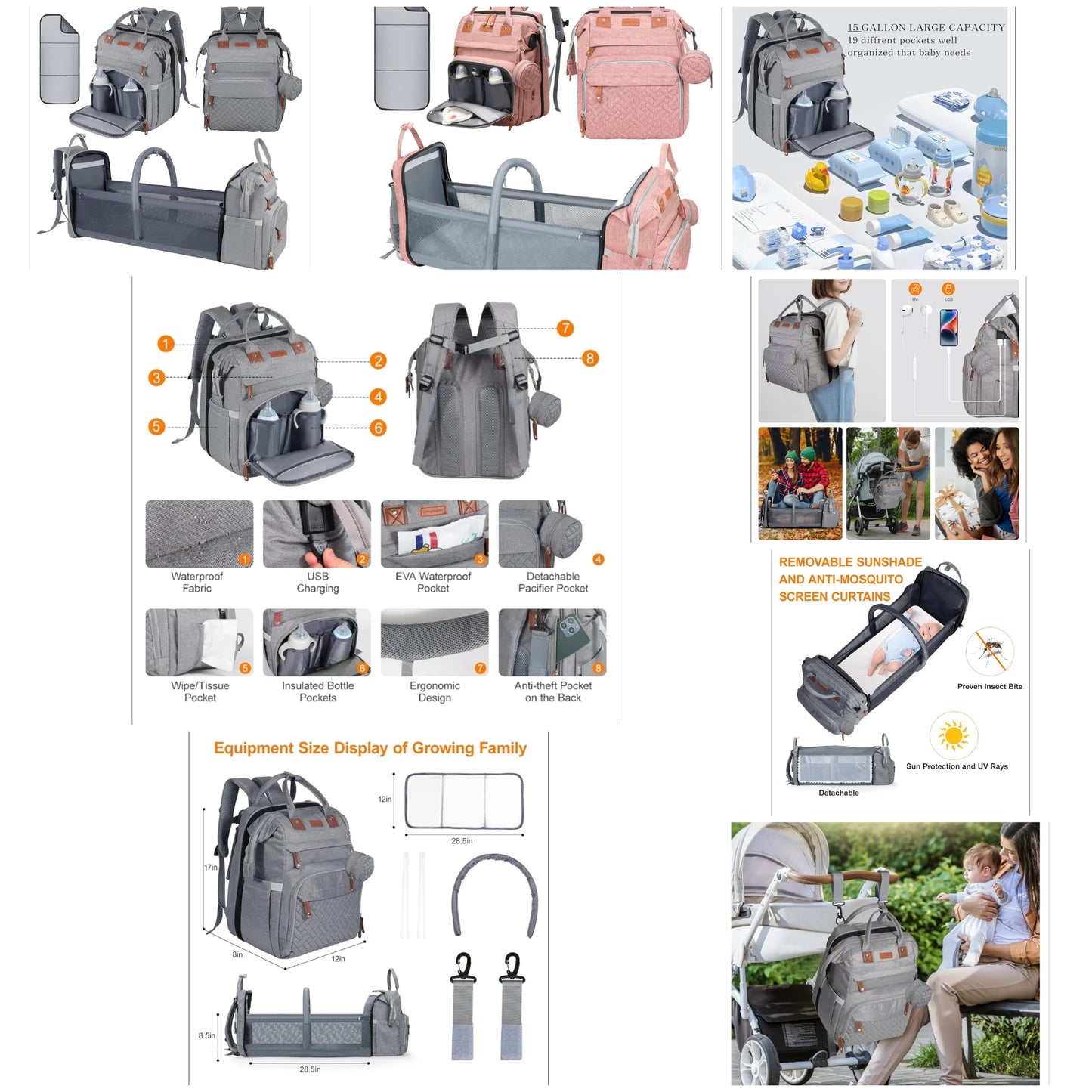 Baby Diaper Bag, Backpack with Changing Table, Unisex Baby Bag, with Diaper Pad, USB Charging Port, Insulated Pacifier Case, Multifunctional Waterproof Travel Diaper Bag, Gift for Newborn Baby