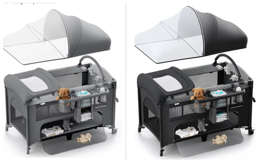 4 in 1 Baby Bassinet with Bedside Sleeper, Baby Crib, Playard, Changing Table, Comes with Toy Bar, Mattress, Mosquito Net, Bottom Storage - Obee Odee