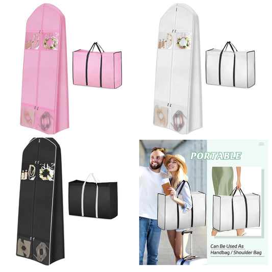 Portable 70" Wedding Dress Garment Bag with Bride Tote Bag 8'' Gusseted Dress Bags for Gowns Long 4 Pockets Dress Cover for Women, White