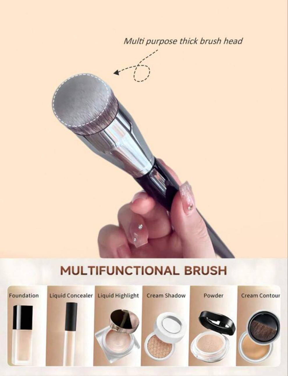 1pc Large Foundation Brush With Circular Oblique Head, Professional Synthetic Hair Makeup Brush For Contouring