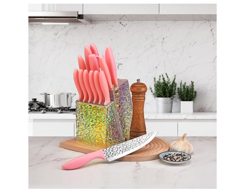 Kitchen Knife Set Non Stick Knives with Storage Serrated Steak Knife, Chef Knife, Bread Knife, Scissors, Sharpener, 15Pcs Sharp Cutlery Block Sets for Home & Pro Use Pink Handle Stainless Steel Blade