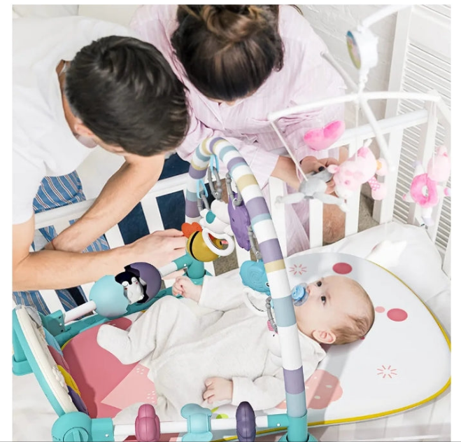 Baby Gym with Kick and Play Piano,Baby Play Mat Tummy Time Baby Activity Gym Mat with 5 Infant Learning Sensory for Baby, Music and Lights Boy or Girl for Newborn