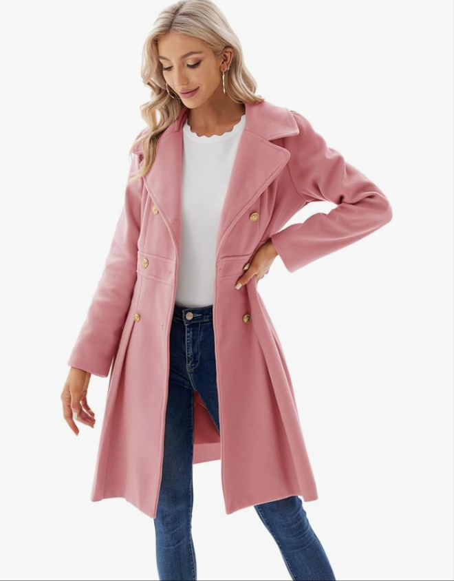 Fashion Trench Coat Notch Lapel Double Breasted Thick A Line Pea Coats Jacket with Pockets(S-2XL)