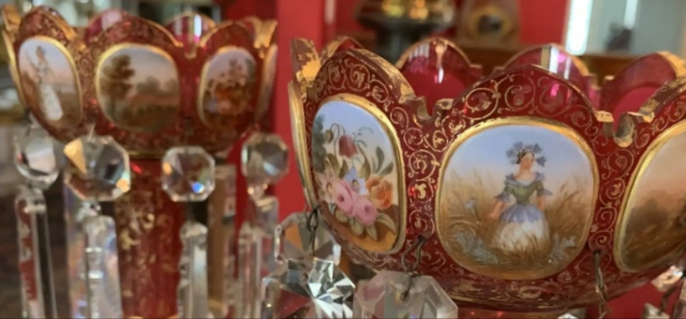 Pair of antique Moser Bohemian cranberry overlay hand painted lusters, circa 1900s cranberry glass