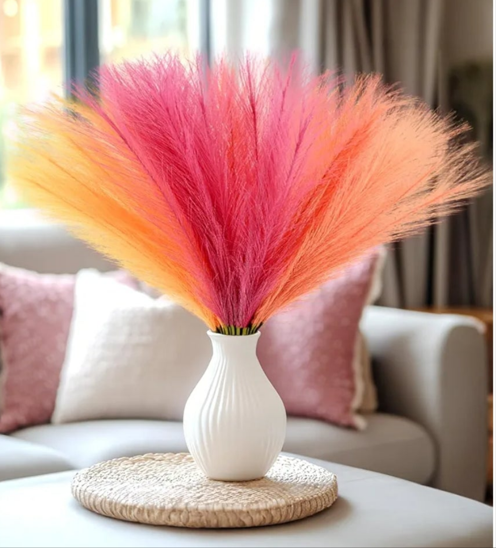 30pcs Faux Pampas Grass Pink Orange Fall Decor, 17.7inch Short Artificial Pompous Grass Fluffy Fake Pompas Branches Vase Filler Flower Arrangement for Home Party Outdoor Wedding Decor