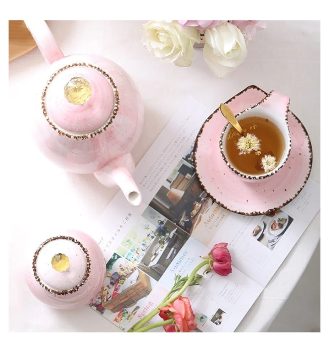 16 Piece Porcelain Ceramic Coffee Tea Gift Sets, Cups and Saucer Service of 6, Teapot, Sugar Bowl, Creamer Pitcher and Wooden Stand,Teapots
