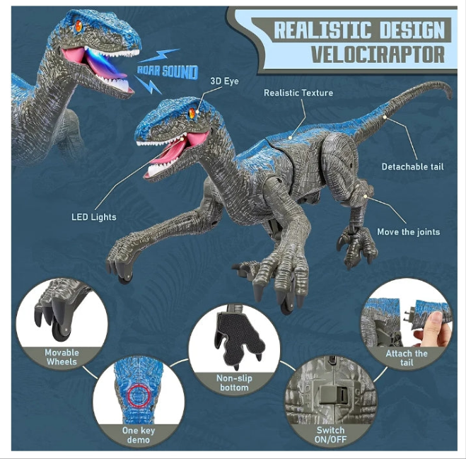 Remote Control Dinosaur for Kids,2.4G Electronic RC Toys Velociraptor with 3D Eye Shaking Head &Roaring Sounds,Indoor Toys for 5 6 7 8 Year Old Gifts