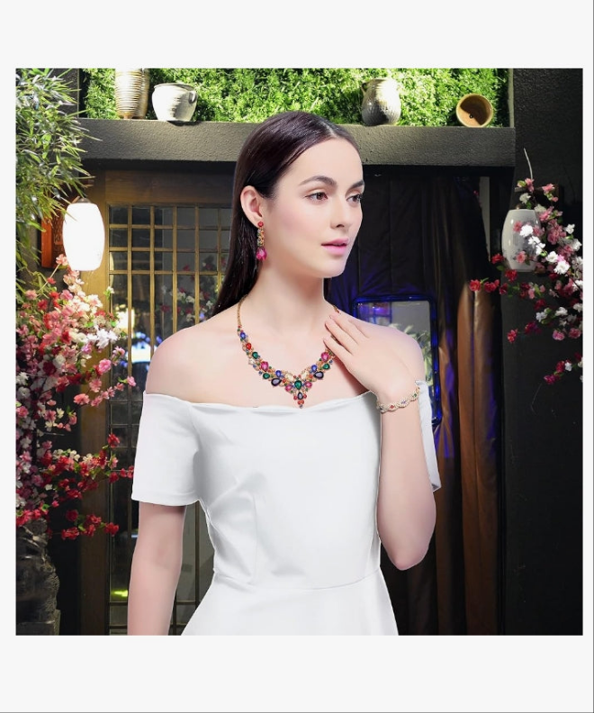 3/4 Pieces Women Jewelry Set Rhinestone Crystal Bride Statement Choker Necklace Tiara Crown Link Bangle Bracelet Teardrop Dangle Earrings Set