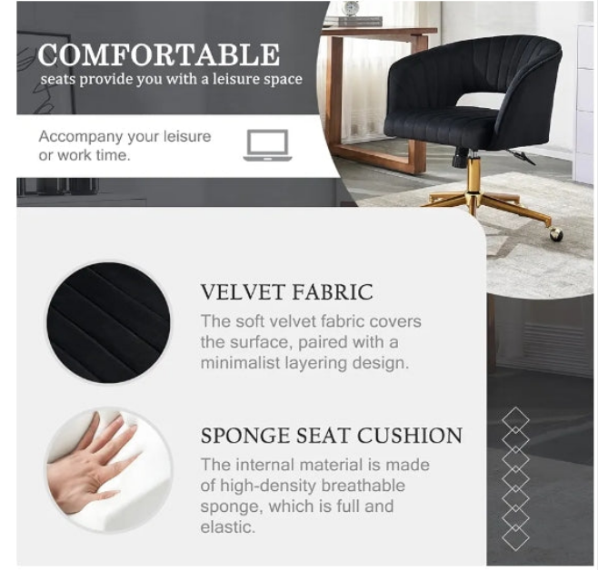 Office Chair Swivel Velvet Desk Chair, Vanity Chair with 360 Swivel Armchair and Gold Base,for Living Room, Bedroom, Vanity, Study
