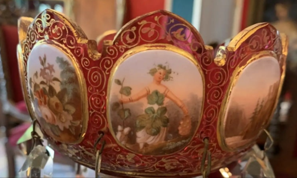 Pair of antique Moser Bohemian cranberry overlay hand painted lusters, circa 1900s cranberry glass