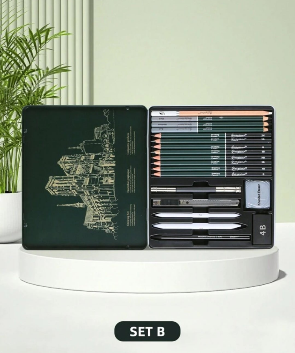Art Supplies Set - A 10/12/19/27-Piece Sketching Pencil Set, Complete With A Portable Metal Box And Drawing Pencils, Perfect As An Essential Item And Gift For Art Students And Amateurs. Wood