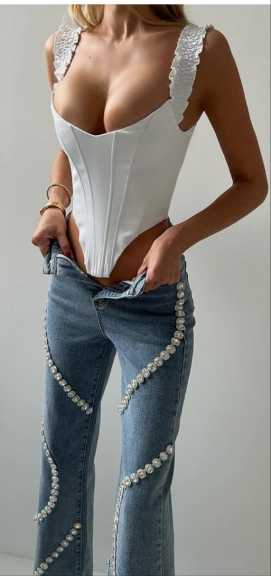 High waist Jeans Rhinestone Trim Bling Baggy Denim Pants Straight Wide Leg Trousers Streetwear