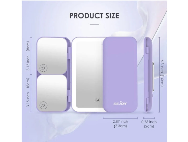 Travel Makeup Mirror, 64 LED Lighted Vanity Mirror with 1X 3X 7X Magnification, Tri-Fold Compact Mirror with Touch Light, Rechargeable,