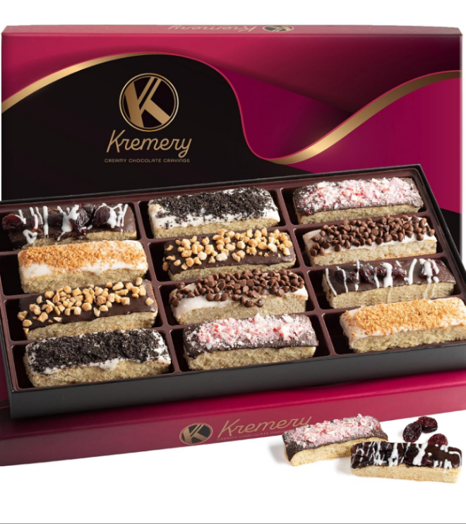 KREMERY Creamy Chocolate Cravings - Holiday Christmas Chocolate Covered Biscotti Cookies Gift Basket (12 Count) Xmas Kwanzaa Birthday Sweet Treats - Assorted Candy Toppings - Kosher Parve Corporate