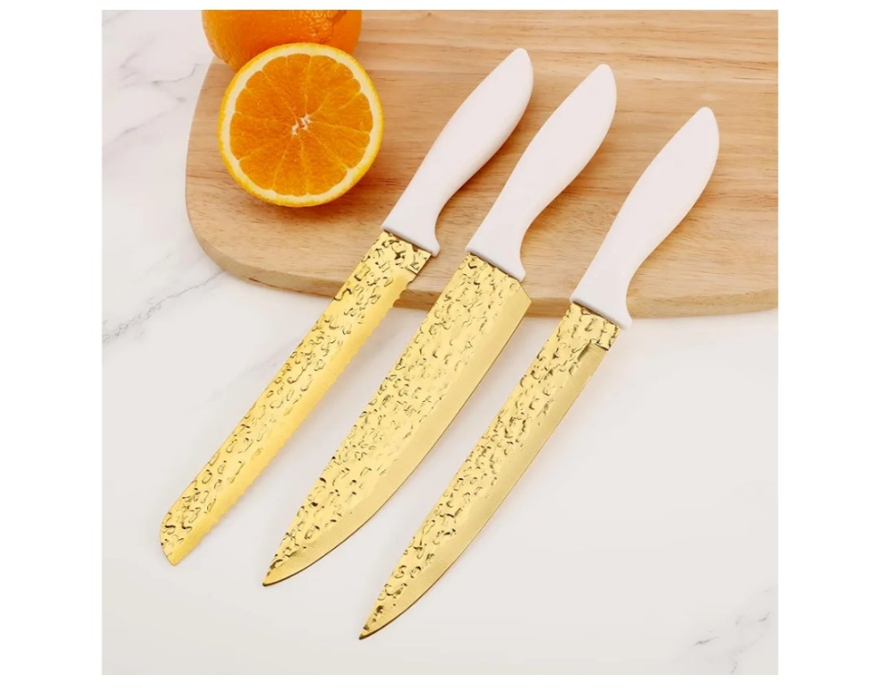 Kitchen Knife Set Non Stick Knives with Storage Serrated Steak Knife, Chef Knife, Bread Knife, Scissors, Sharpener, 14Pcs Sharp Cutlery Block Sets for Home & Pro Use Pearl White Handle Gold Blade
