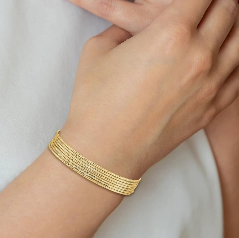 14K Solid Dangling Heart Love Tri Color Pink White Yellow Gold Set of 7 Slip On Bangle Bracelet