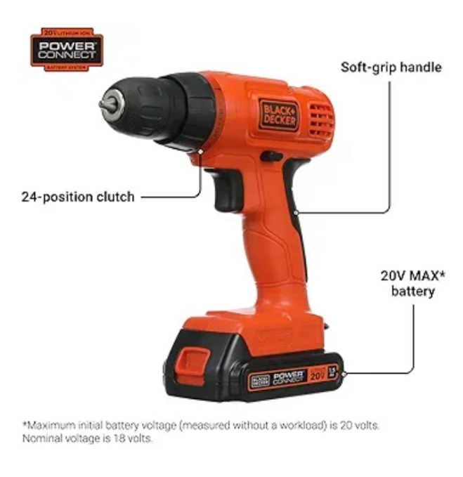 BLACK+DECKER 20V MAX* POWERCONNECT Cordless Drill Kit + 100 pc. Kit (BDC120VA100), Orange
