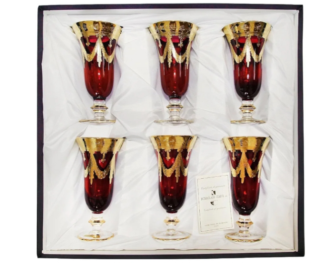 Set of 6 Crystal Glasses, 24K Gold-Plated (Champagne Flutes, Blue)