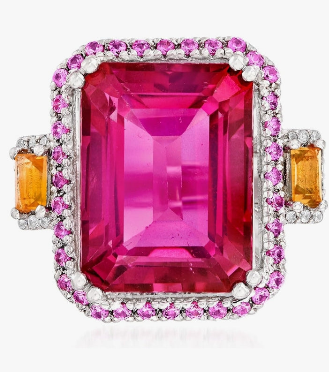 14.00 Carat Pink Topaz and .80 ct. t.w. Multi-Gemstone Ring in Sterling Silver