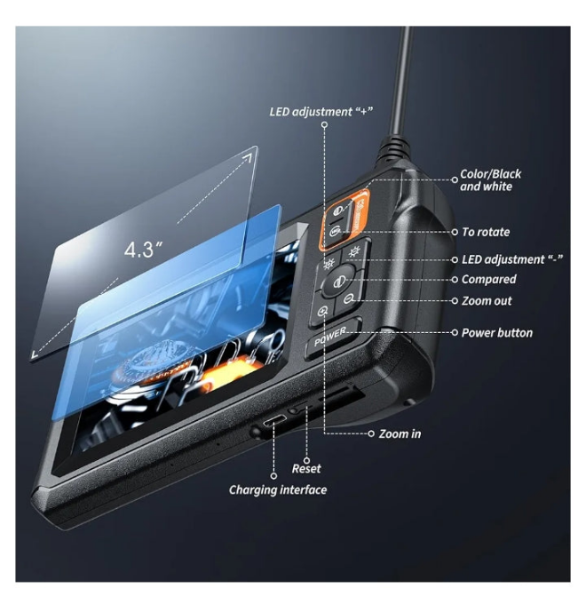 Endoscope Camera with Light - Inspection Borescope Camera with 4.3" IPS Screen, 1920P HD Snake Camera with 8 LED Lights, 16.4FT Semi-Rigid Cord Bore Scope, IP67 Waterproof Endoscope for Sewer(Orange)