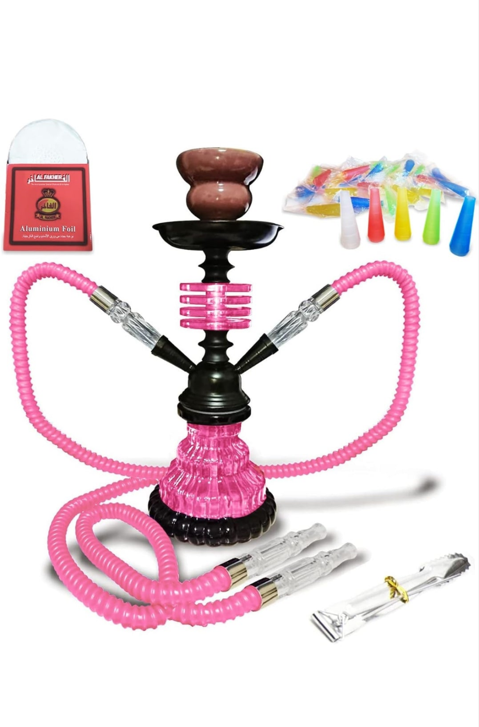 Hookah Set with 2 Hose 11" Premium Portable Mini Hookah Complete Set Hookah Glass Vase with 50 Disposable Tips, 50 Pre-Punched Aluminum Foil Coal Tong (hookah set with accessories)