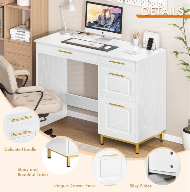 Desk with Drawers, 43” Home Office Desk with Storage, Golden Handle for Bedroom, Black and Gold Desk Study Writing Desk for Small Space