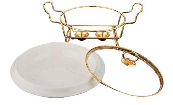 GOLD PLATED Ceramics Chafing Dishes & Food Warmers, Household Gold Plated Buffet Server Warming Tray with Food Pan, Fuel Holder and Lid, for Wedding, Parties, Banquet, Catering Events,12.5INCH