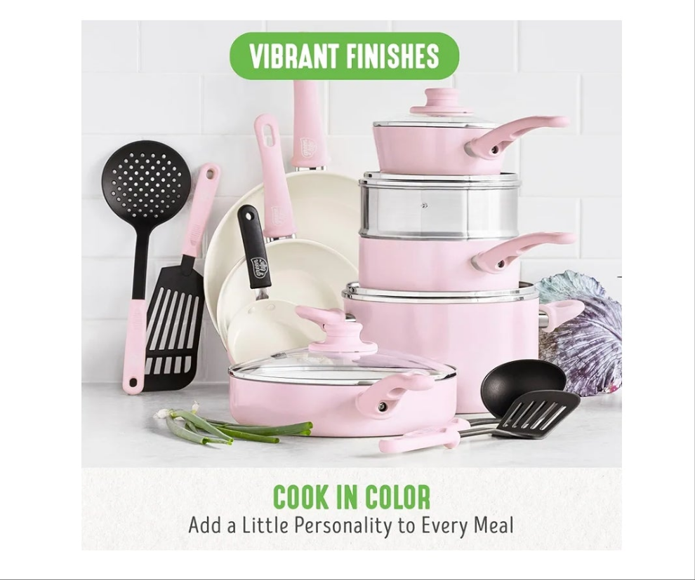 Soft Grip 16 Piece Cookware Set, Non-Toxic PFAS-Free Ceramic Nonstick, Frying, Sauce, Saute, Utensils, Glass Lids, Stay-Cool Handles, Wobble Free, Dishwasher & Oven Safe, Soft Pink