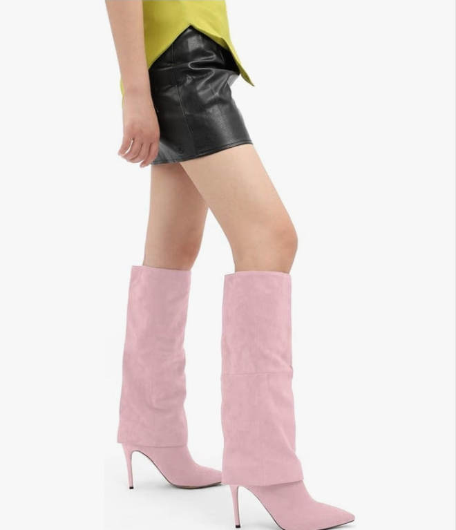 Knee High Boots for Women Fold Over Boots Pointed Toe Stiletto Heel Tall Boots Fashion Pull On Slouchy Boots Comfortable Dress Shoes