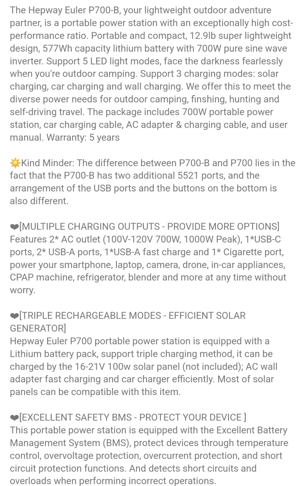 Hepway Portable Power Station, 1500W Peak Solar Power Bank Large Capacity , Euler P700-B 700W 12lb Solar Generator Power Charger, 577Wh BMS Automotive Grade Lithium Battery With 2x 110V Pure Sine Wave AC Outlets(Peak 1000W), Support 5521 Port PD 60W USB-C