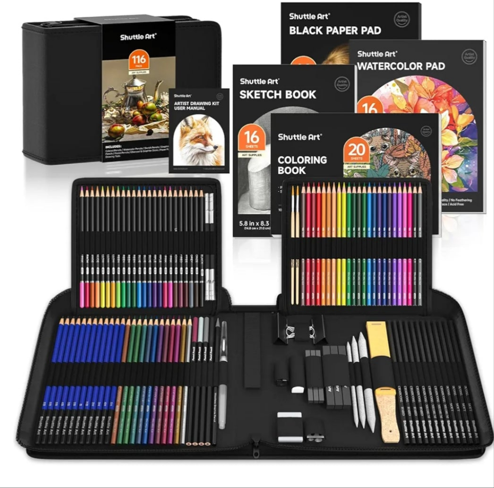 116 PCS Drawing Kit, Professional Drawing Supplies with Sketch, Charcoal, Colored, Graphite, Pastel Pencils & Sticks, Complete Drawing Tools and Paper Pads in Zipper Case for Artists&Kids