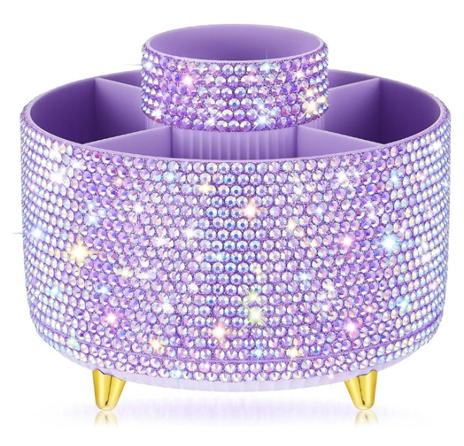 Bling Desk Accessories Organizer for Women Teen Girls Christmas Birthday Gift Bling Pen Holder Rhinestone Makeup Brush Holder with 5 Slots Rotating Diamond Skincare Organizer Countertop