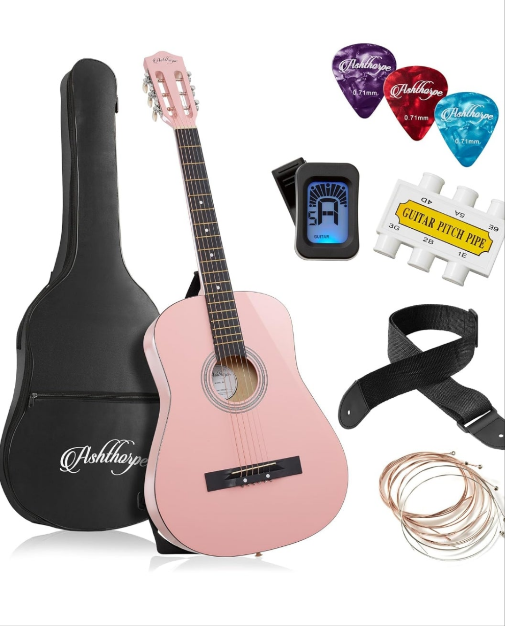 38-inch Beginner Acoustic Guitar Package (Pink), Basic Starter Kit w/Gig Bag, Strings, Strap, Tuner, Picks