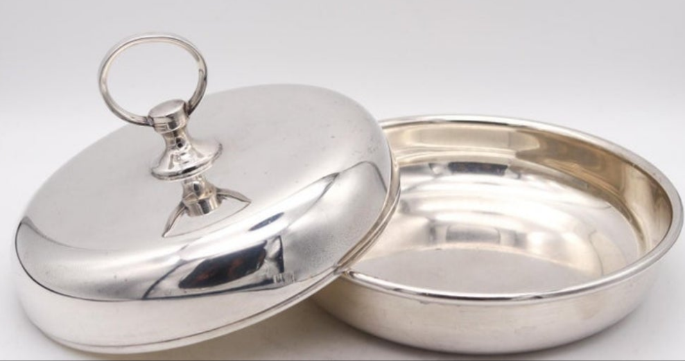 Hermes Paris 1960 Vintage Modernist Desk Box Round Covered Dish In silver