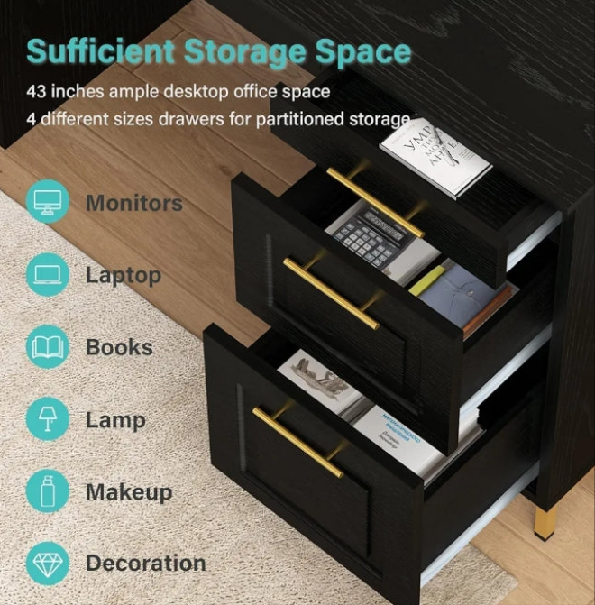 Desk with Drawers, 43” Home Office Desk with Storage, Golden Handle for Bedroom, Black and Gold Desk Study Writing Desk for Small Space