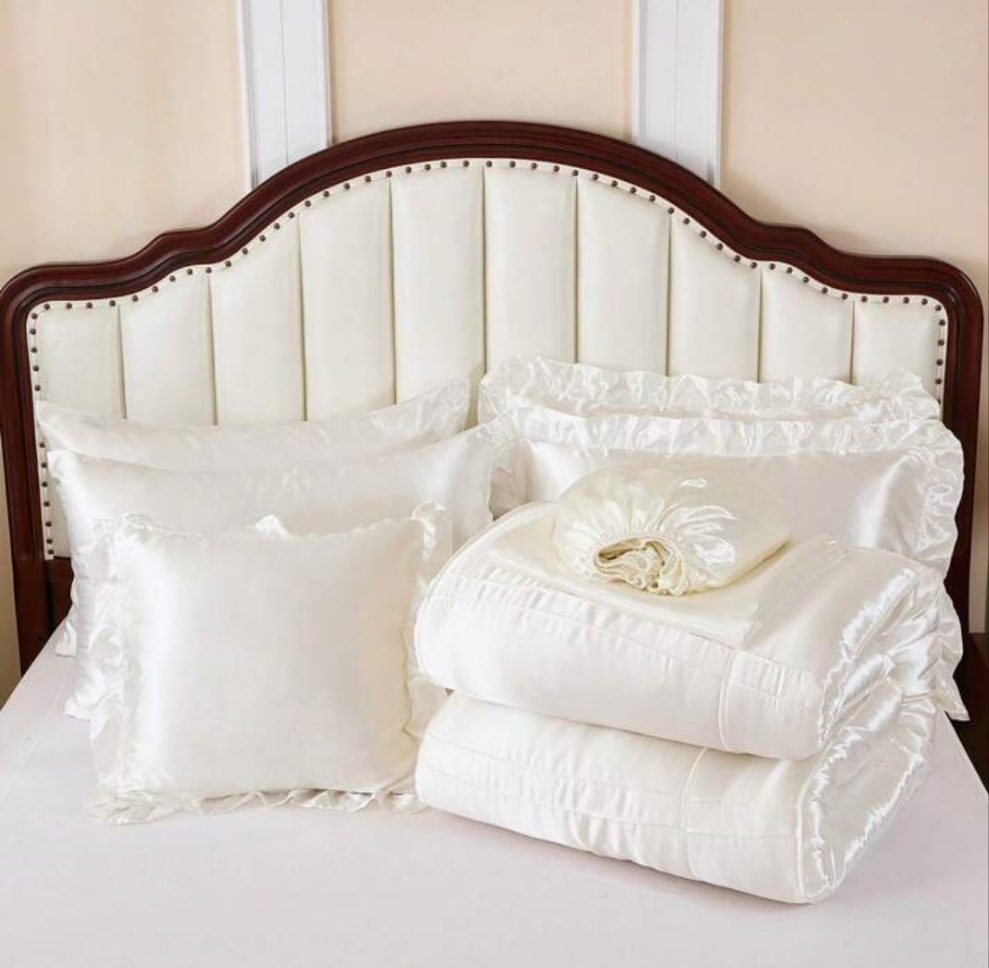 Satin Silky Comforter Set,Queen Size 8 Pcs Grid Pleated Silk Like Bed In A Bag Bedding, Down Alternative Bedding Sets For All Season,Luxury Silky Bedding With Sheets And Cushion Cover