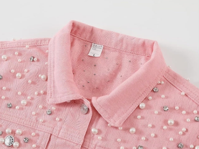 Pearls Denim Jacket Cropped Rhinestones Jean Jacket Coat