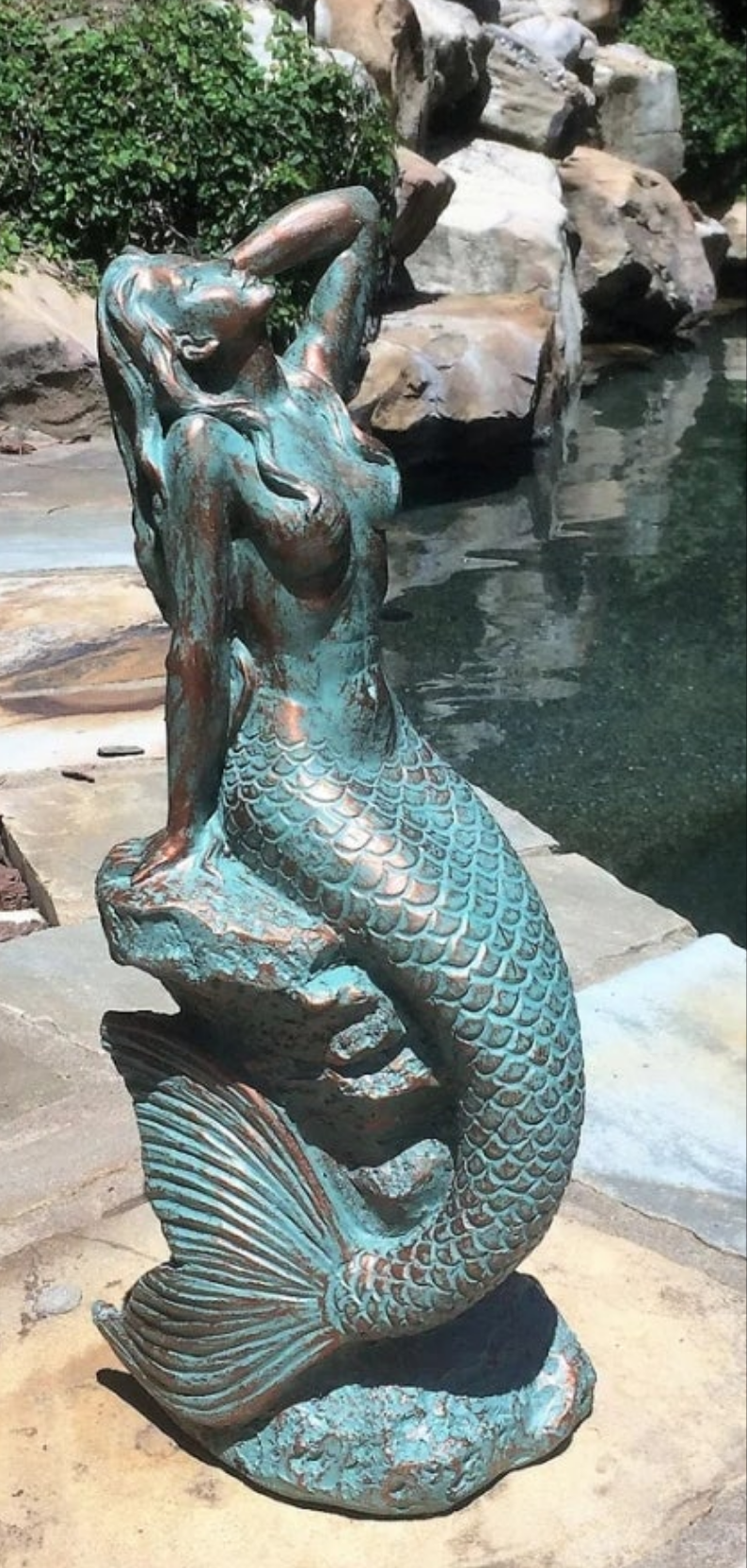 Sexy Mermaid on Coastal Rock Statue Outdoor Waterproof Porch Garden Pool Side Decor Bathroom