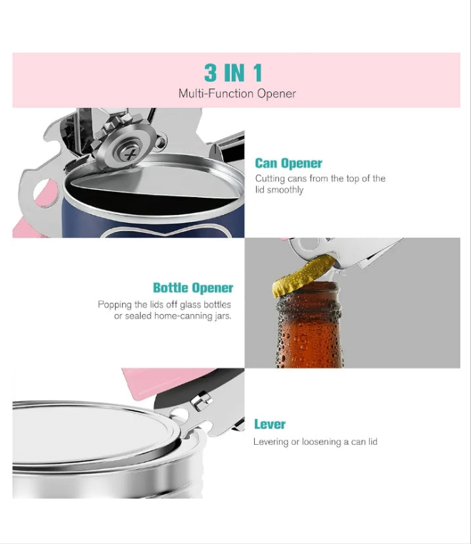 Can Opener,Professional 3-In-1 Multifunctional Manual Can Openers Bottle Opener,Kitchen Durable Stainless Steel Heavy Duty Can Opener Smooth Edge for Kitchen