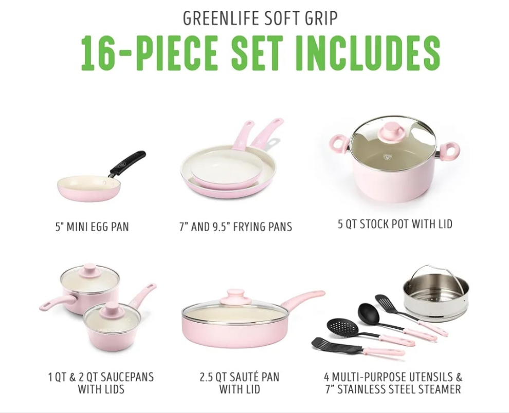 Soft Grip 16 Piece Cookware Set, Non-Toxic PFAS-Free Ceramic Nonstick, Frying, Sauce, Saute, Utensils, Glass Lids, Stay-Cool Handles, Wobble Free, Dishwasher & Oven Safe, Soft Pink