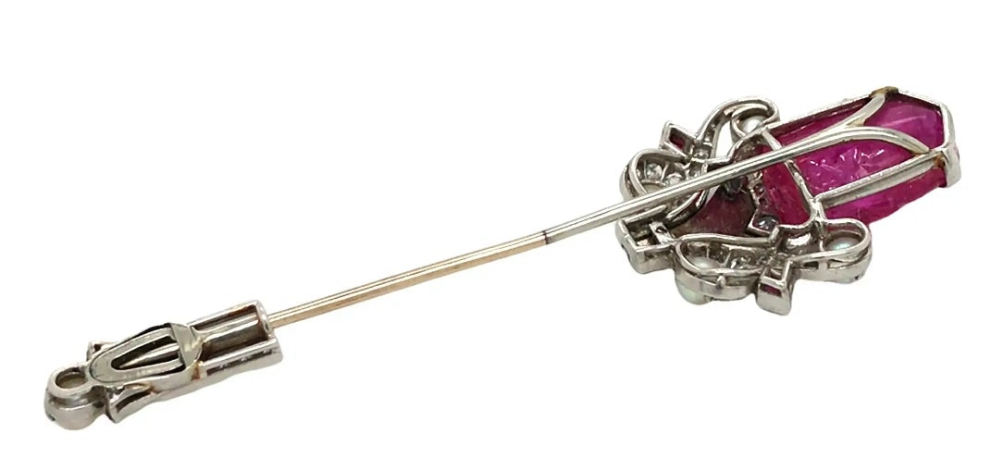 Cartier, Platinum 18K Gold Ruby Pearl Enamel Diamond Jabot Brooch, IAJA, GIA Diamonds: Approximately 0.32 ct Burma No-heat carved Ruby:
